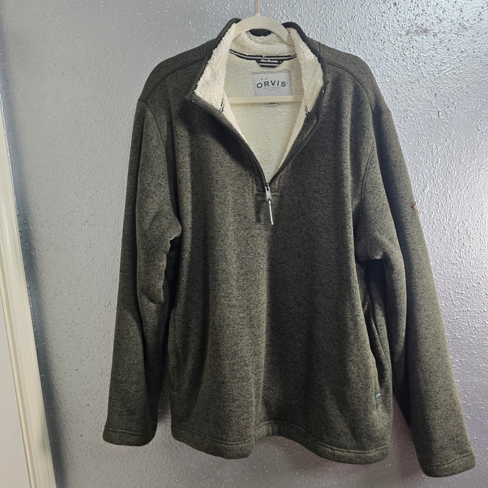 Orvis Mens Quarter Zip Sherpa Lined Pullover Sweater Heathered Olive Green Large